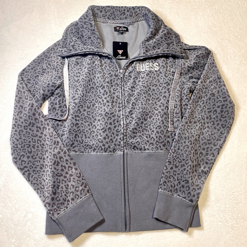 Guess Cheetah Print Velour Velvet Track Suit Zip-Up Jacket